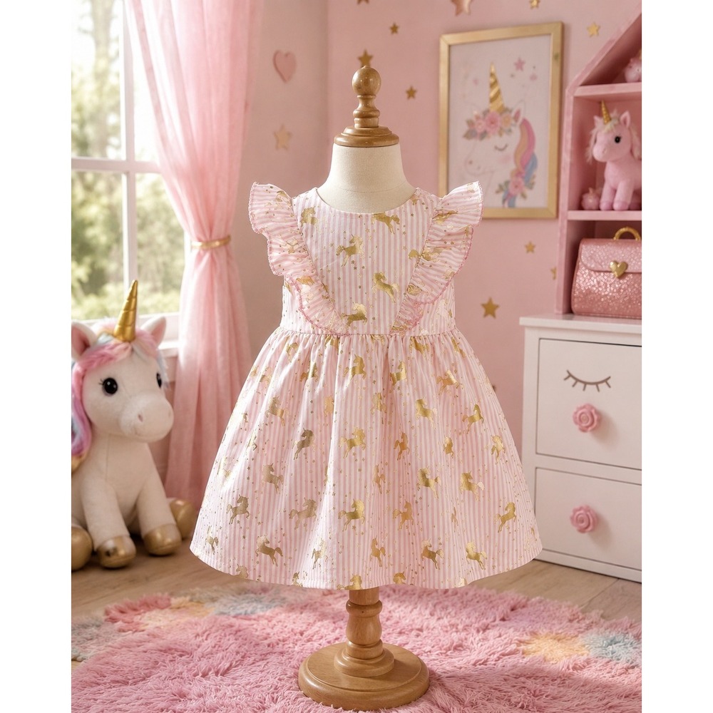 Penelope Mack Pink Stripe Ruffle Dress Gold‎ Unicorns Print Princess Toddler 18M